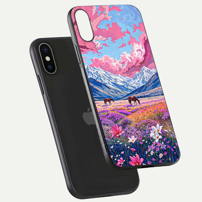 Blossom Valley Dream Glass Case for iPhone X floating mockup showing floral valley blend and reflective surface