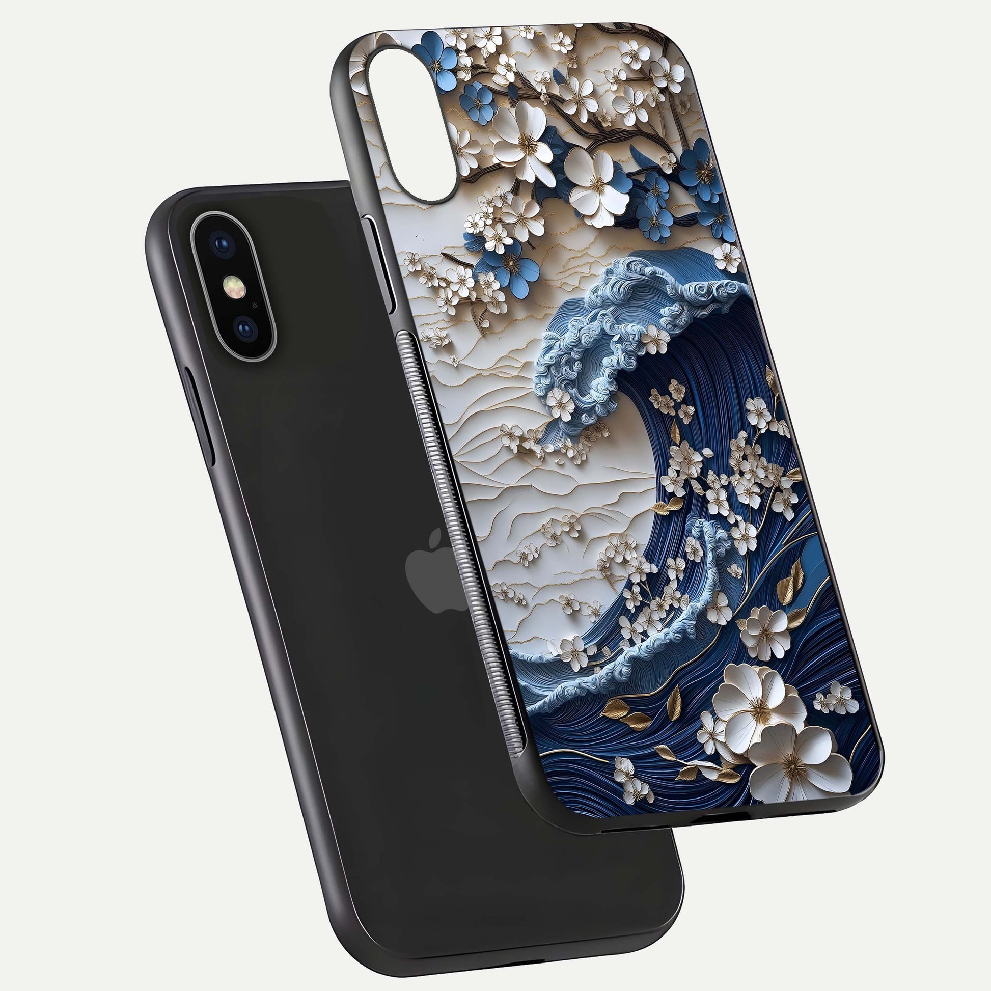 Blossom Wave Art Glass Case for iPhone X floating mockup displaying pattern details and reflective shine