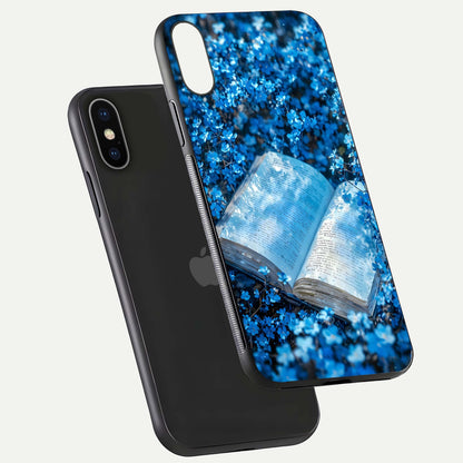 Blue Bloom Tales Glass Case for iPhone X floating mockup showing detailed bloom and reflective surface