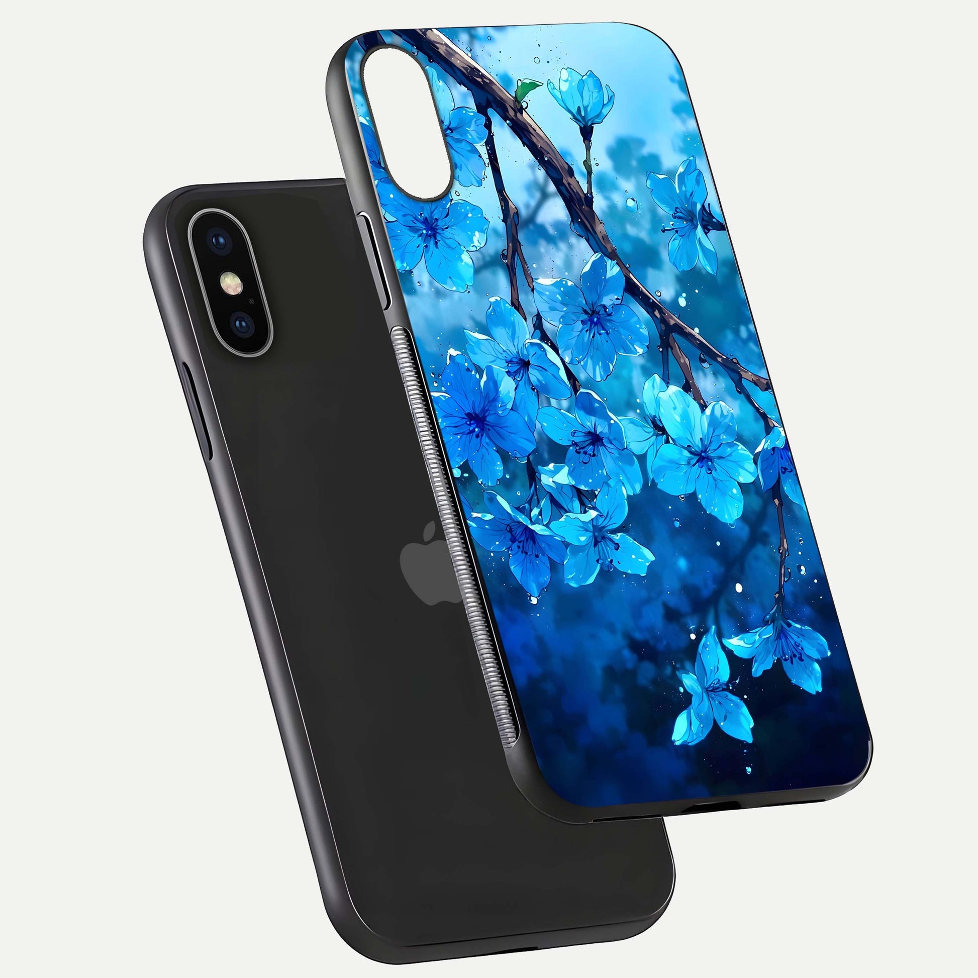 Blue Blossoms Branch Glass Case for iPhone X floating mockup showing shine, curved edges, and branch detailing