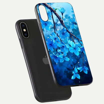 Blue Blossoms Branch Glass Case for iPhone X floating mockup showing shine, curved edges, and branch detailing
