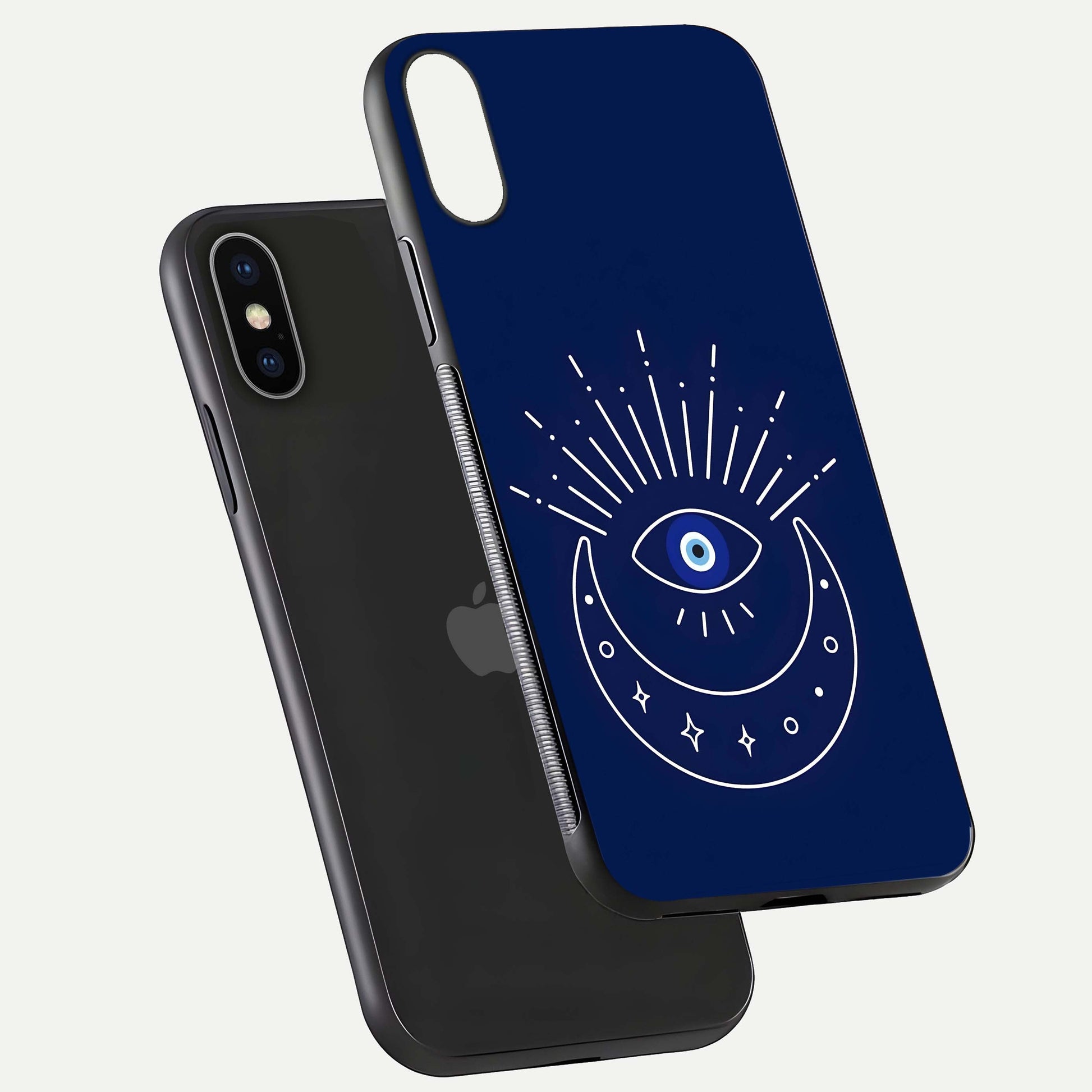 Blue Evil Eye Glass Case for iPhone X floating mockup displaying glossy protection and spiritual artwork