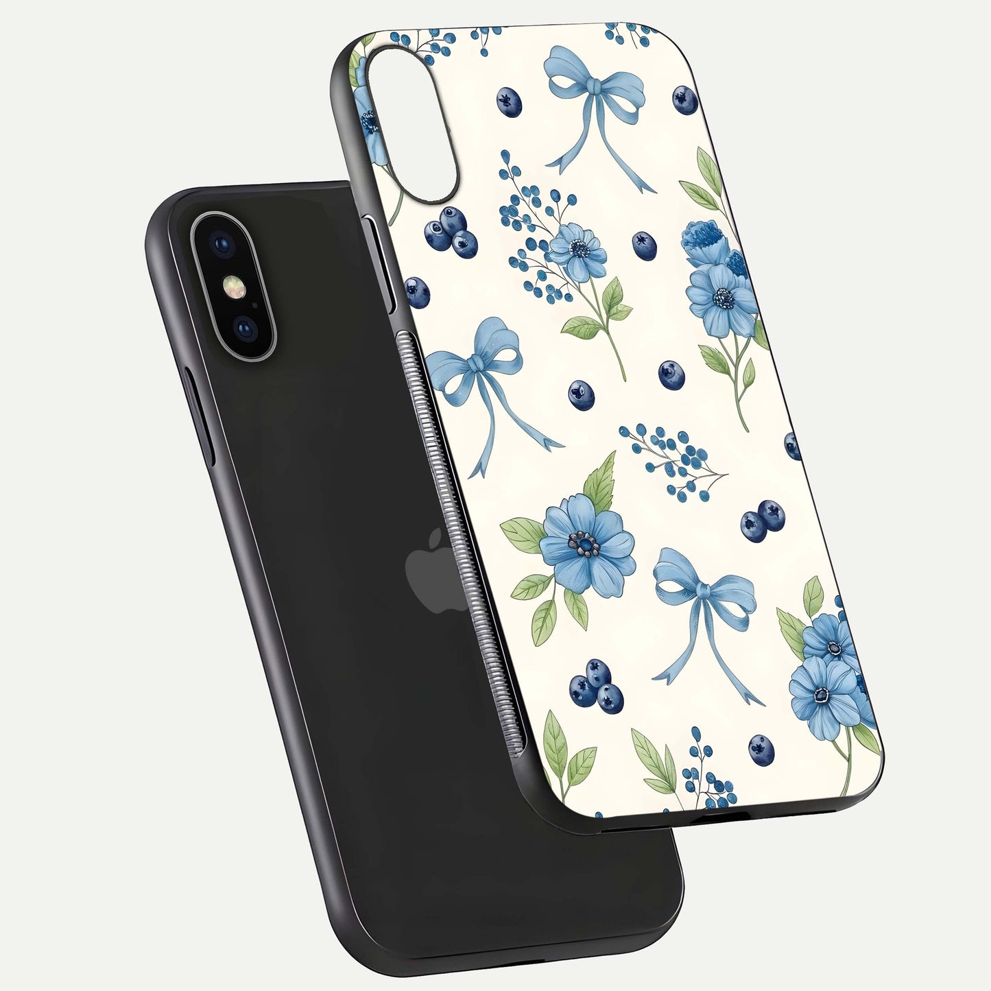 Blue Flower & Bow Glass Case for iPhone X floating mockup capturing gloss reflection and girly aesthetic