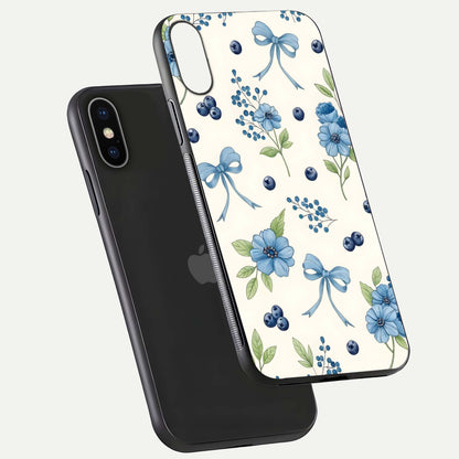 Blue Flower & Bow Glass Case for iPhone X floating mockup capturing gloss reflection and girly aesthetic
