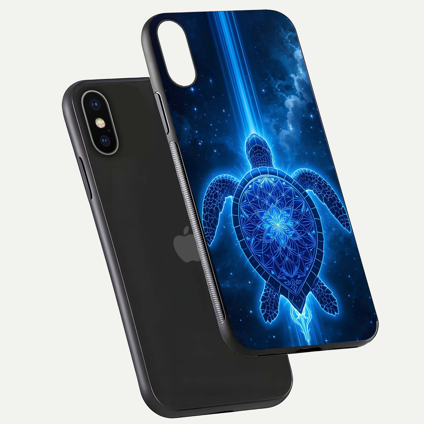 Blue Galaxy Turtle Glass Case for iPhone X floating dual-mockup showing gloss depth and color transitions