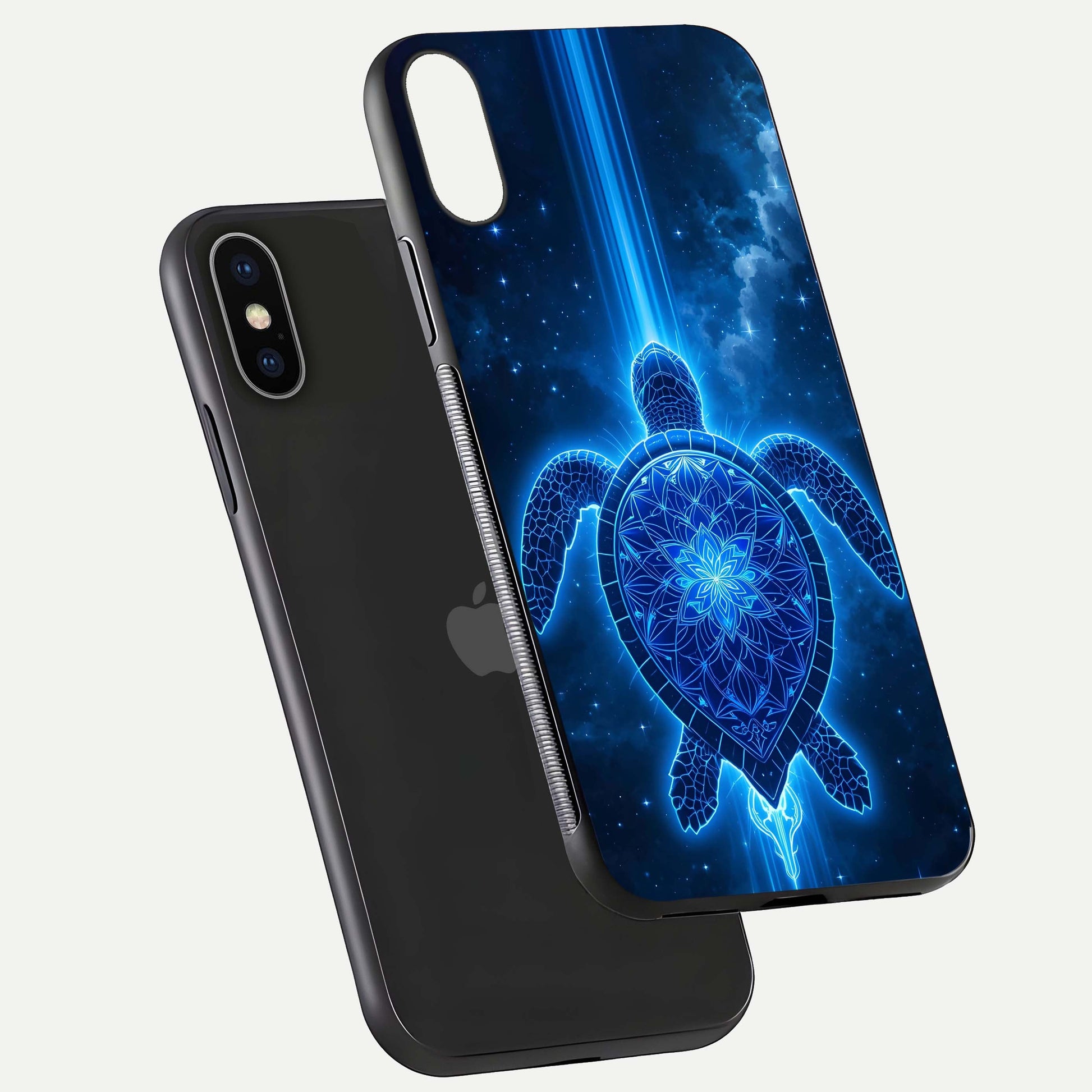 Blue Galaxy Turtle Glass Case for iPhone X floating dual-mockup showing gloss depth and color transitions