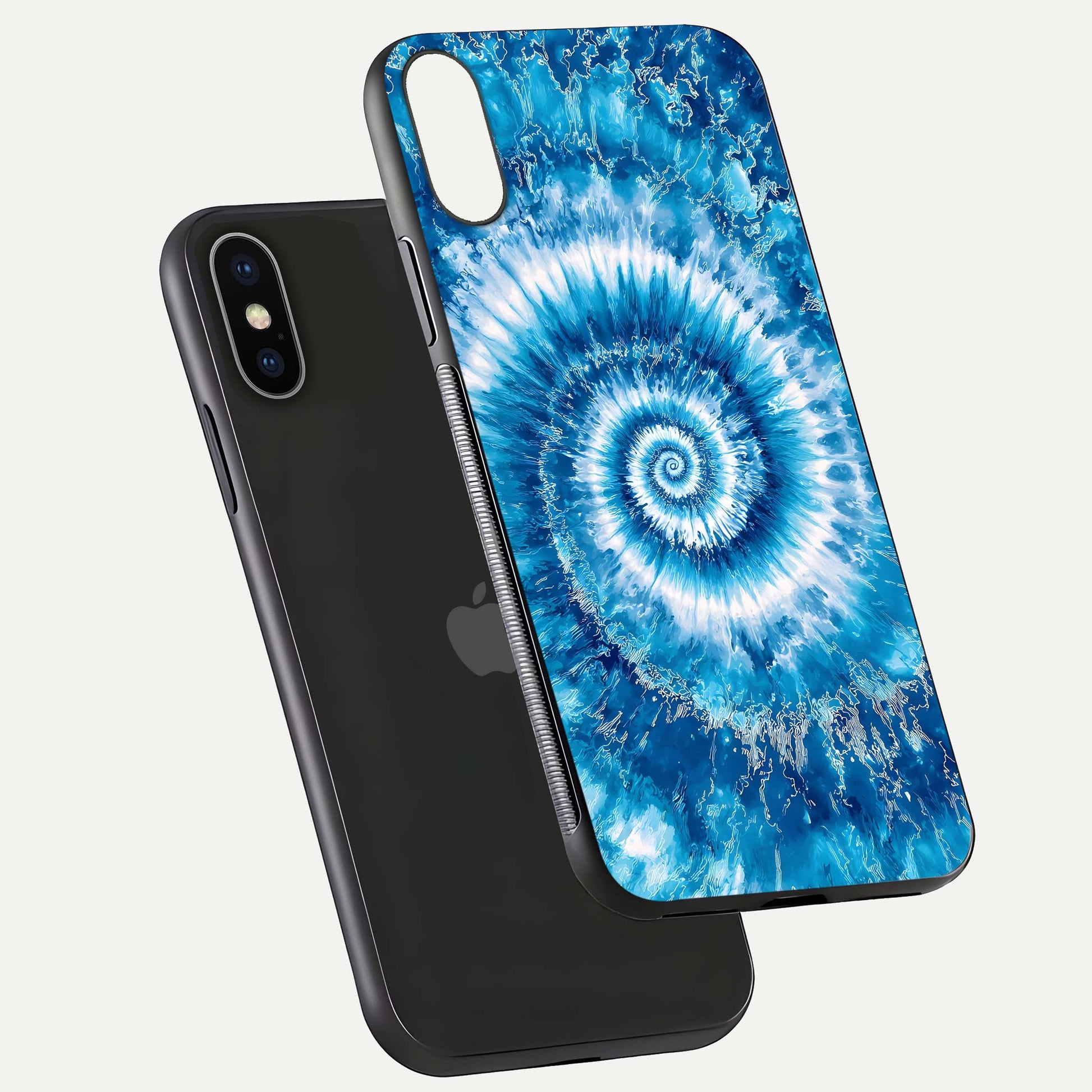 Blue Galaxy Wave Glass Case for iPhone X floating mockup revealing cosmic depth and curved-edge texture