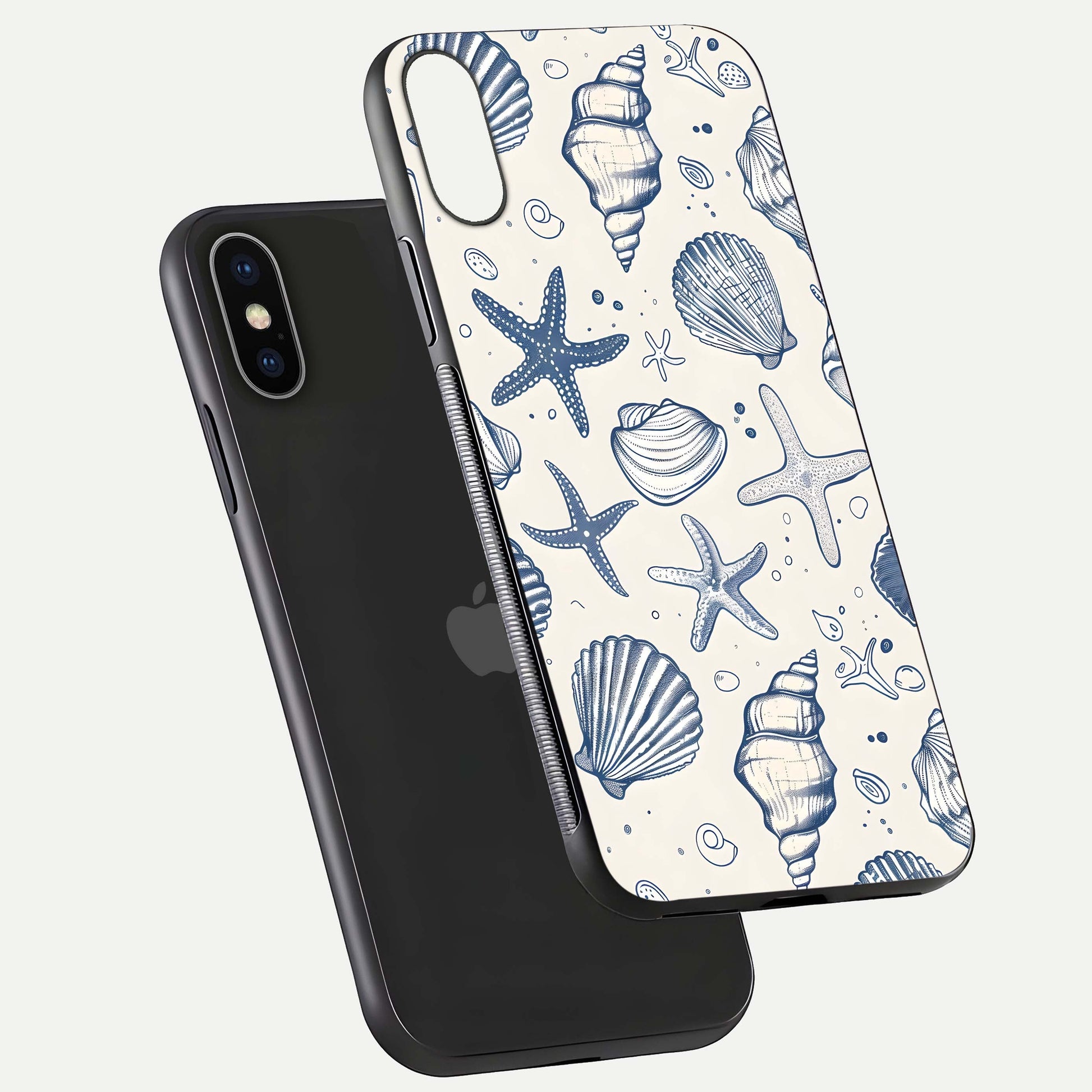 Blue Ocean Outline Glass Case for iPhone X floating mockup displaying marine-inspired aesthetic and smooth surface