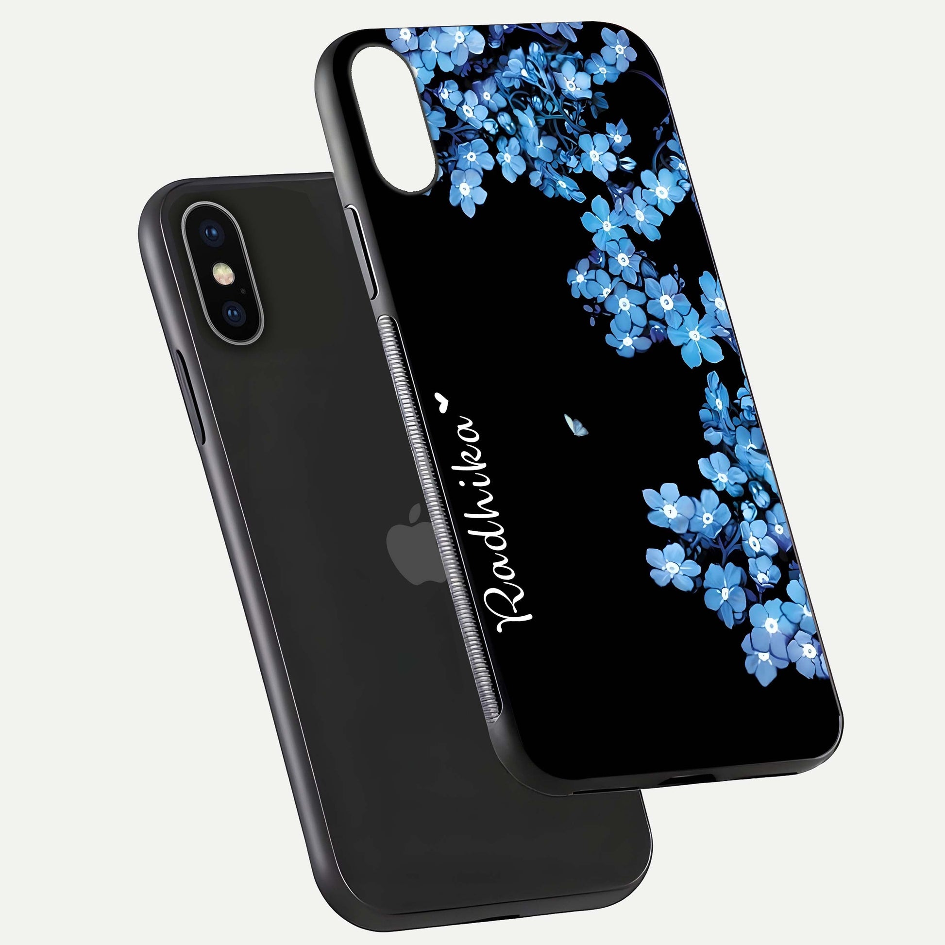 Blue Petal Dream Custom Name Glass Case for iPhone X floating mockup capturing floral tones and glass shine