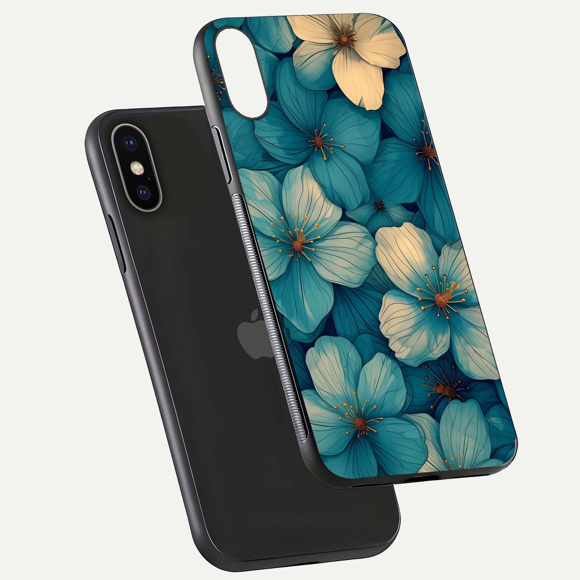 Blue Shade Floral Glass Case for iPhone X floating mockup revealing gloss highlight and floral depth
