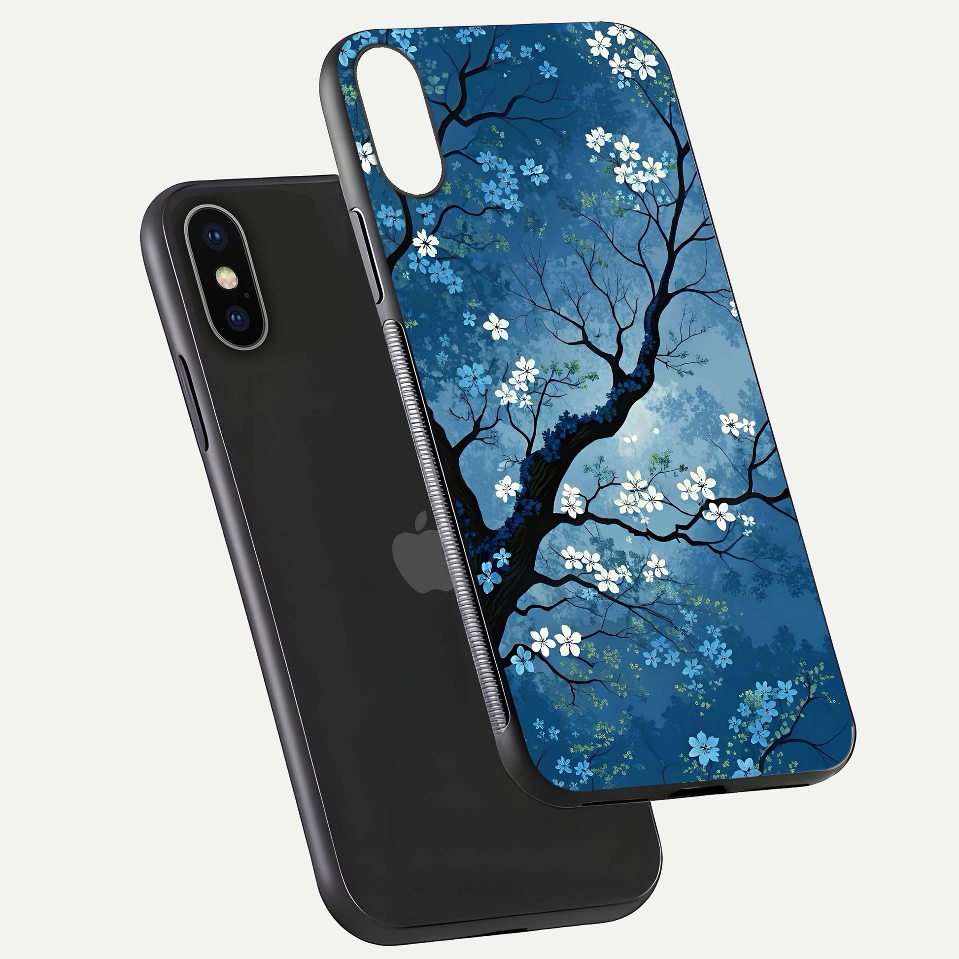 Blue Tree Serenity Glass Case for iPhone X floating mockup displaying serene tones and HD glass polish