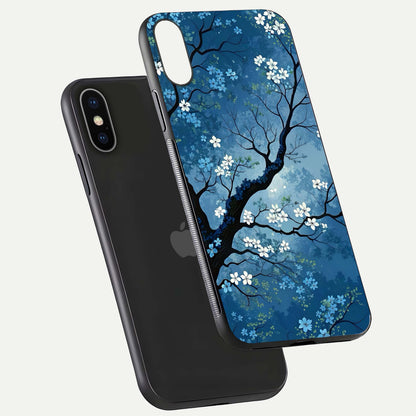 Blue Tree Serenity Glass Case for iPhone X floating mockup displaying serene tones and HD glass polish