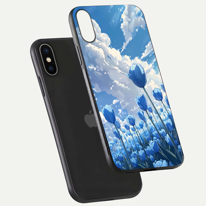 Blue Tulip Clouds Glass Case for iPhone X floating mockup displaying tulip-cloud fusion art and smooth glass gloss