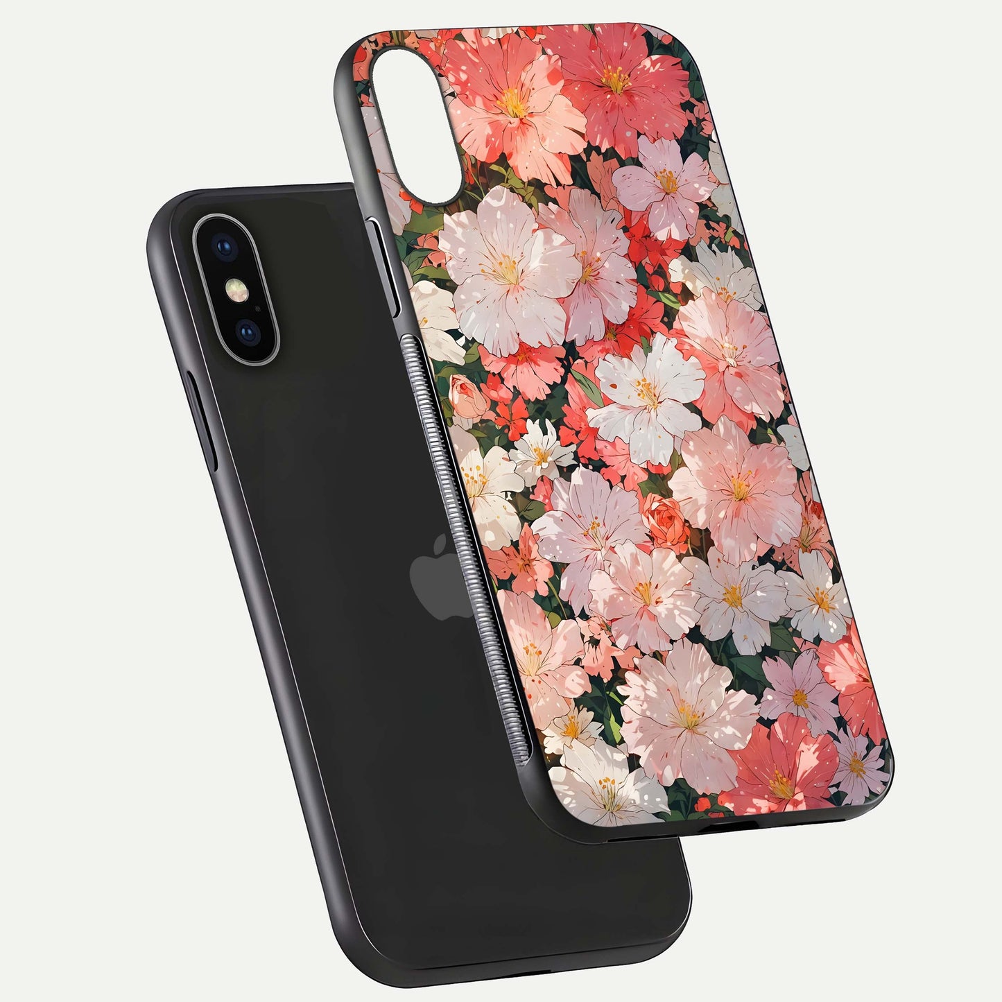 Blush Bloom Field Glass Case for iPhone X floating mockup highlighting floral spread and edge reflection