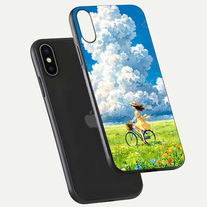 Breezy Meadow Ride Glass Case for iPhone X floating mockup capturing serene tones and smooth finish