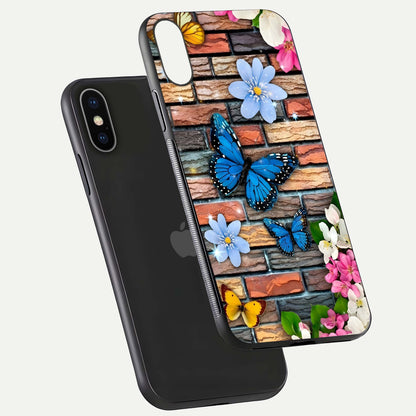 Brick Bloom Flight Glass Case for iPhone X floating mockup displaying gloss reflection and pattern vibrancy