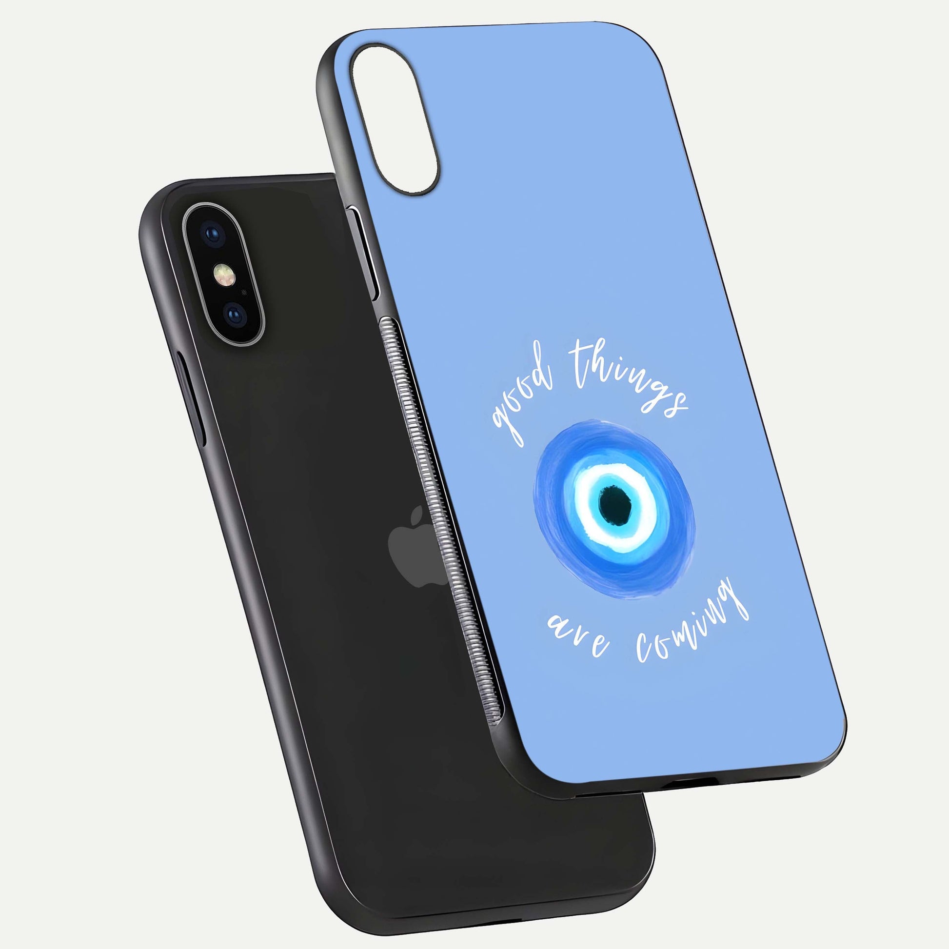 Bright Future Ahead Glass Case for iPhone X floating mockup showing sleek design and positive quote print