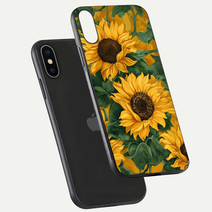 Bright Sunflower Bloom Glass Case for iPhone X floating mockup capturing vibrant tones and gloss surface