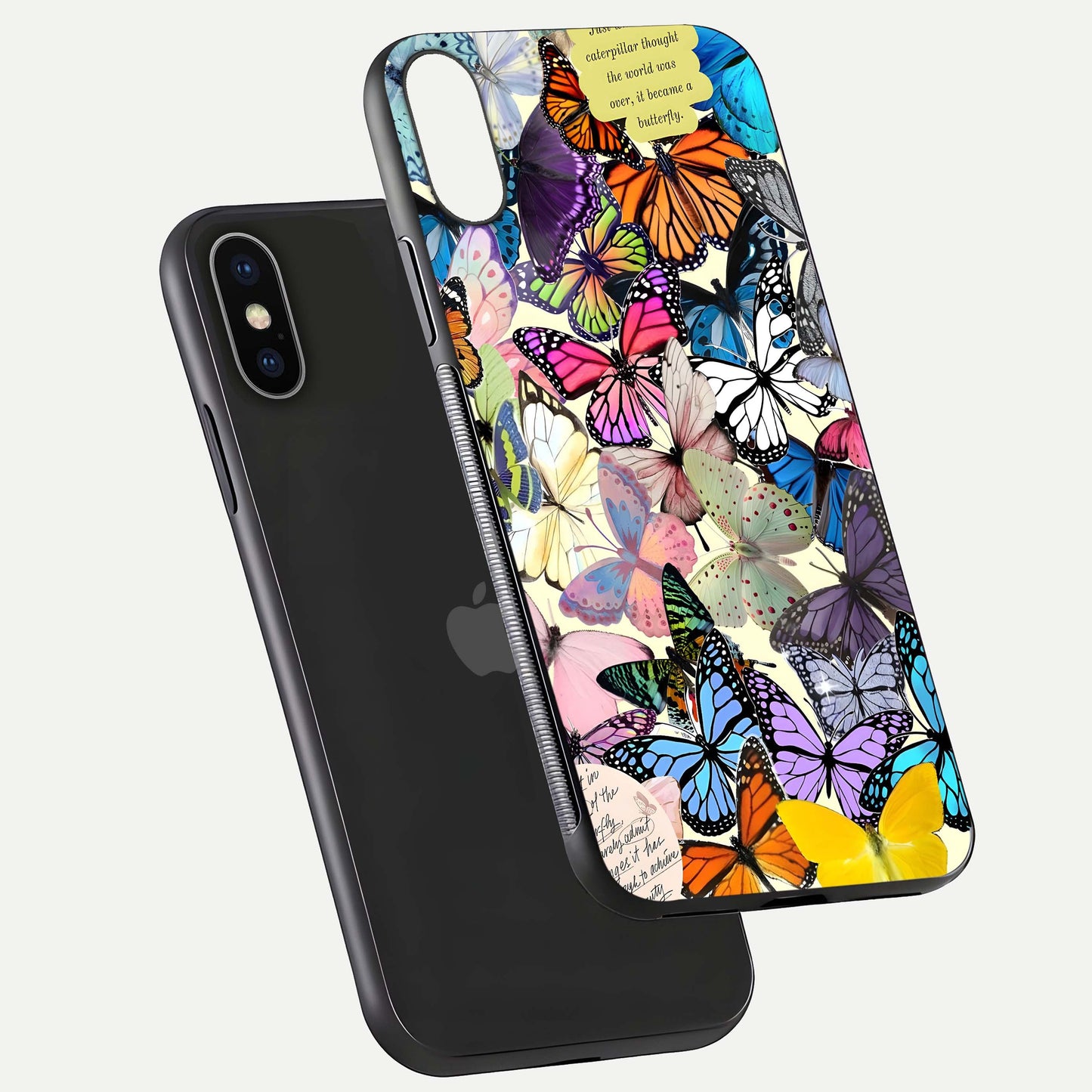 Butterflies Petal Dream Glass Case for iPhone X floating mockup displaying detailed print and premium glass glow