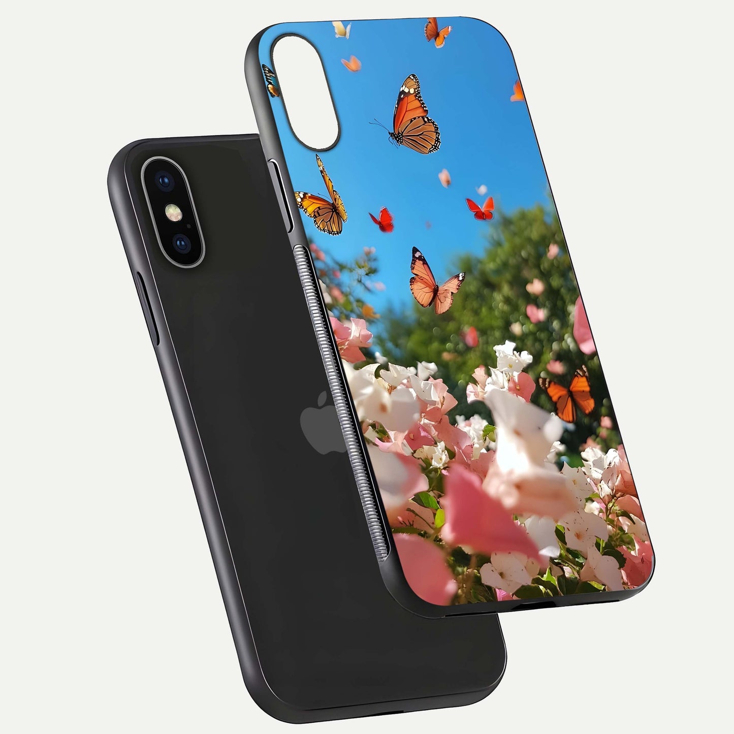 Butterflies in Bloom Sky Glass Case for iPhone X floating mockup capturing butterfly motion and edge design