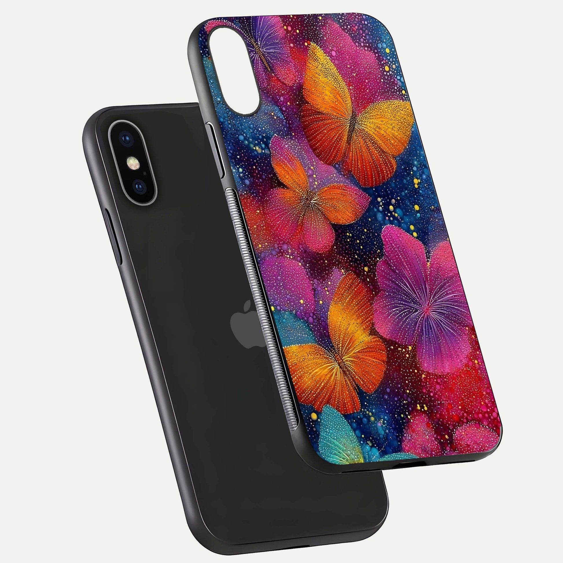 Butterfly Dream Mist Glass Case for iPhone X floating mockup displaying glass shine and ethereal art depth
