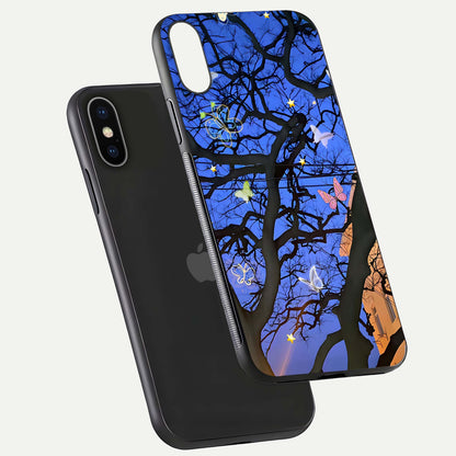 Butterfly Night Magic Glass Case for iPhone X floating mockup showing night glow and smooth polish