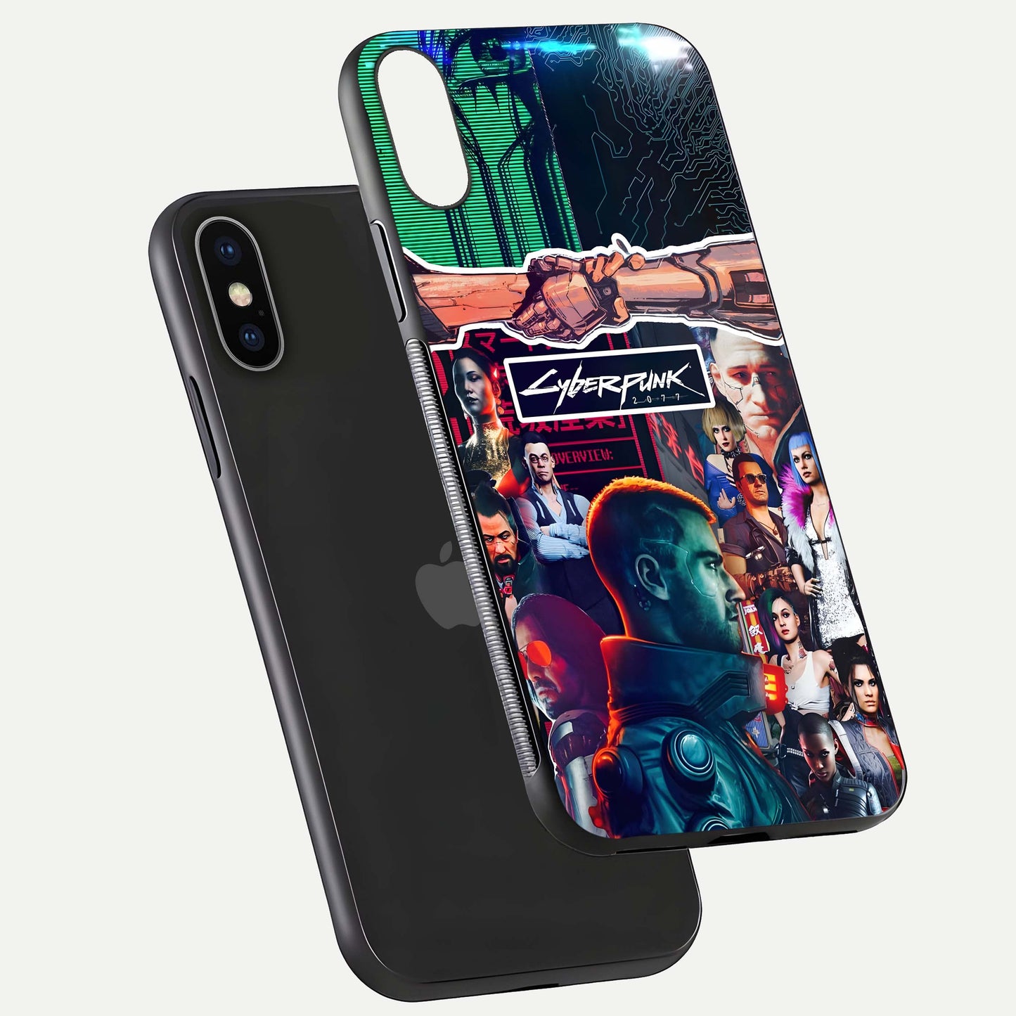 CYBERPUNK Legacy Glass Case for iPhone X floating mockup showing HD gloss and neon glow detail