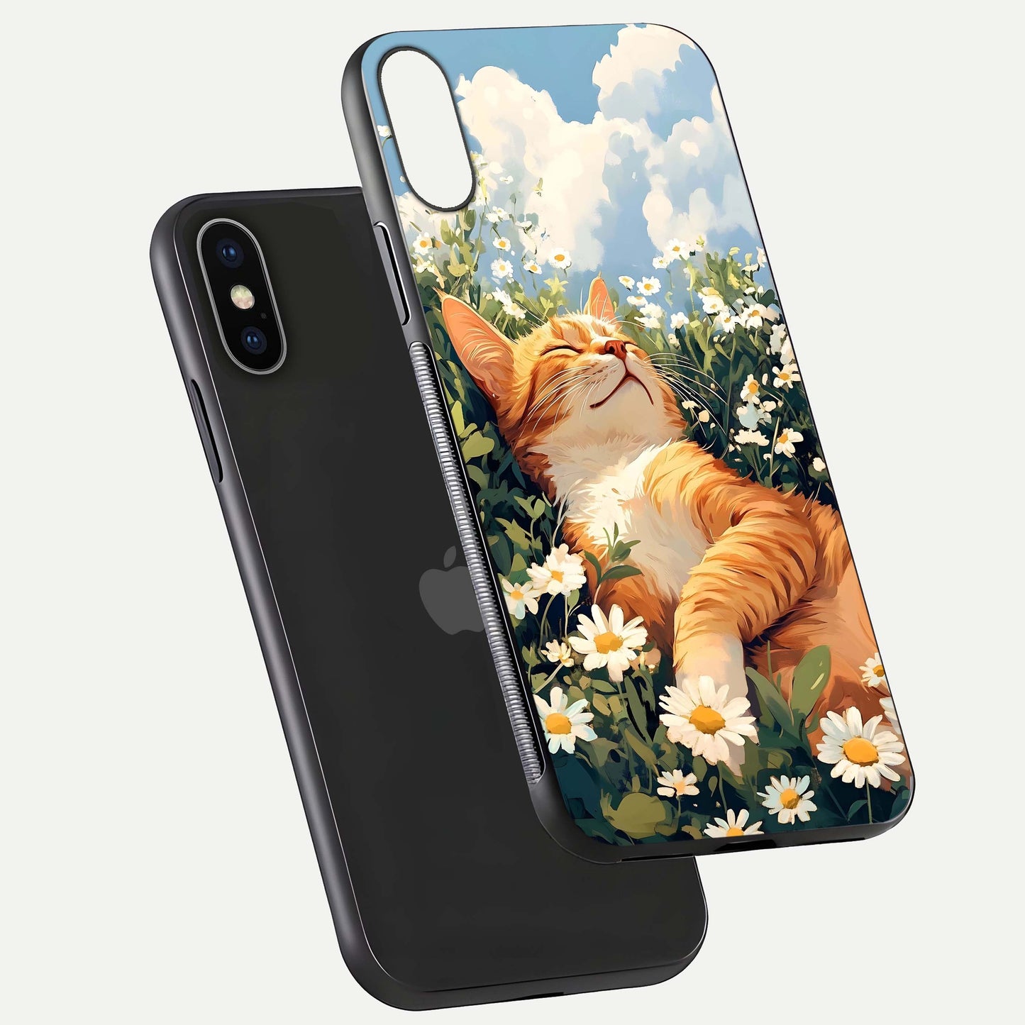 Cat & Flowers View Glass Case for iPhone X floating mockup showing design reflection and protective edges
