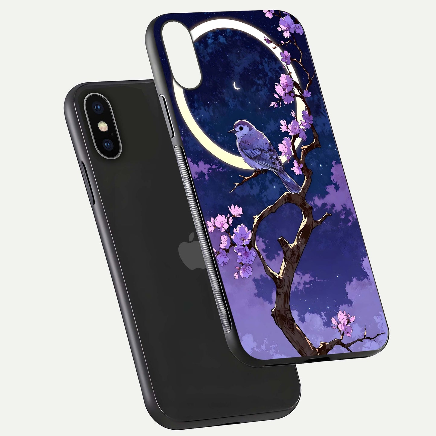 Celestial Bird Blossom Glass Case for iPhone X floating mockup showing cosmic floral tones and HD gloss