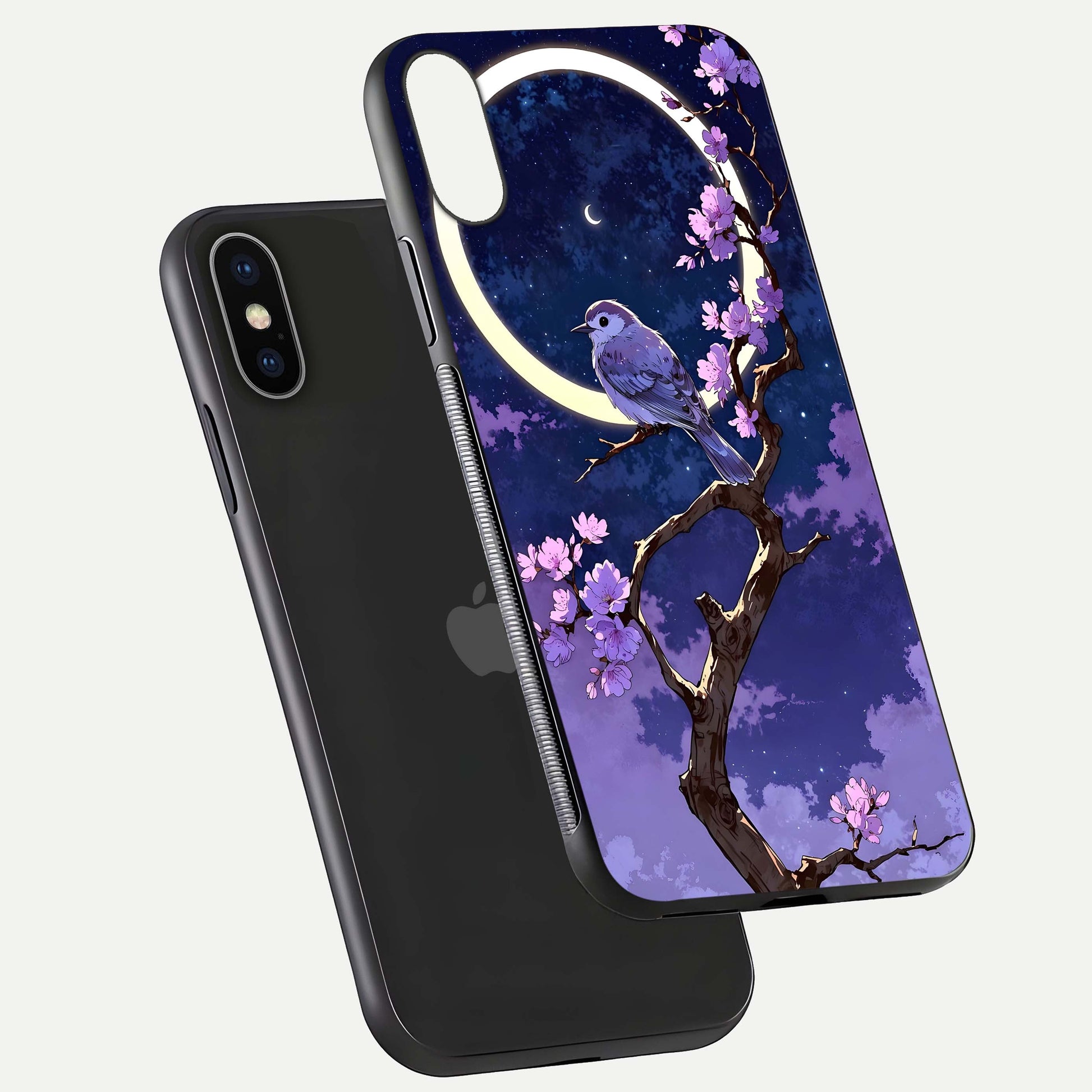 Celestial Bird Blossom Glass Case for iPhone X floating mockup showing cosmic floral tones and HD gloss