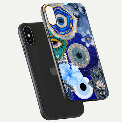 Celestial Blue Vision Glass Case for iPhone X floating mockup showing gloss depth and night-sky pattern