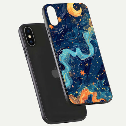 Celestial Dream Flow Glass Case for iPhone X floating mockup displaying gloss shimmer and artistic composition