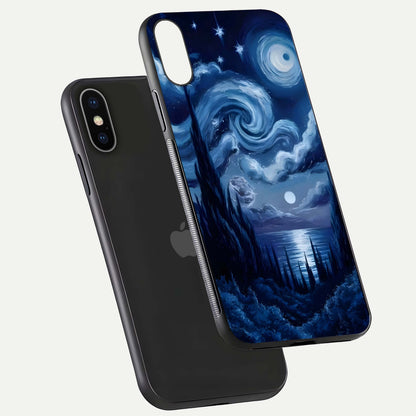 Celestial Dream Van Gogh Glass Case for iPhone X floating mockup highlighting cosmic tones and smooth gloss