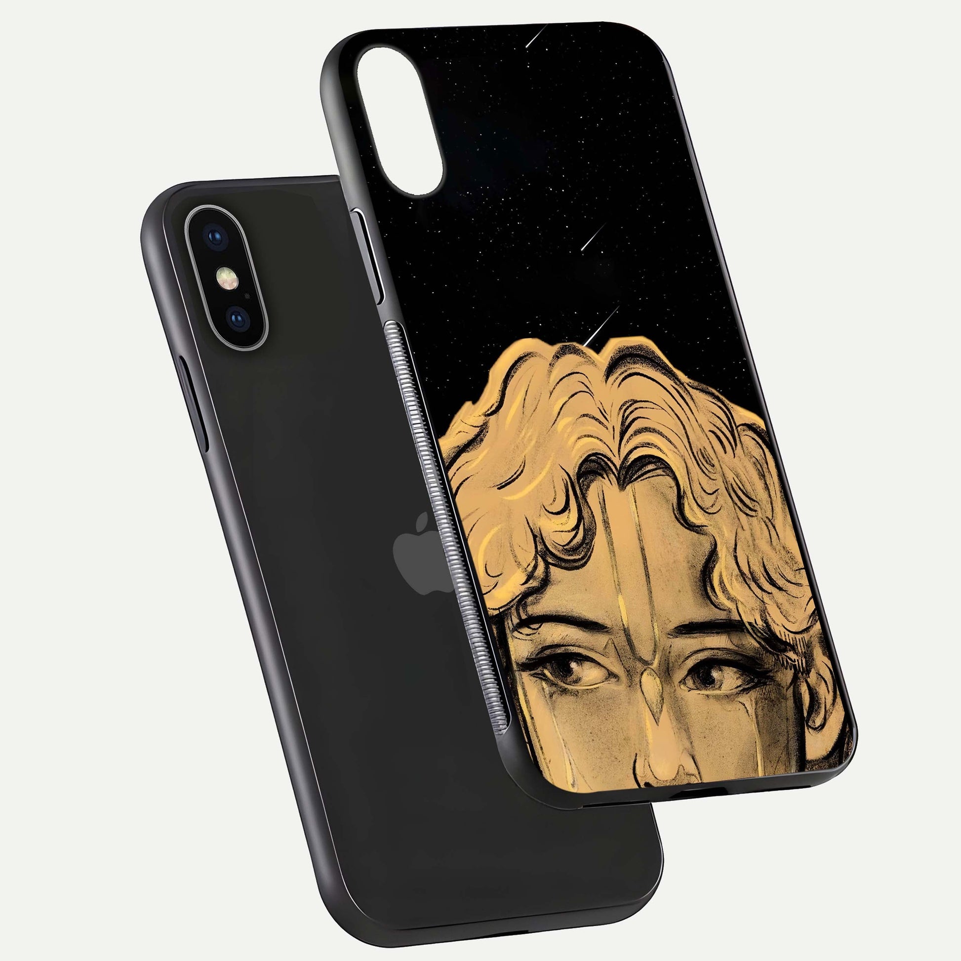 Celestial God’s Plan Glass Case for iPhone X floating dual-view mockup displaying gloss surface and vivid print