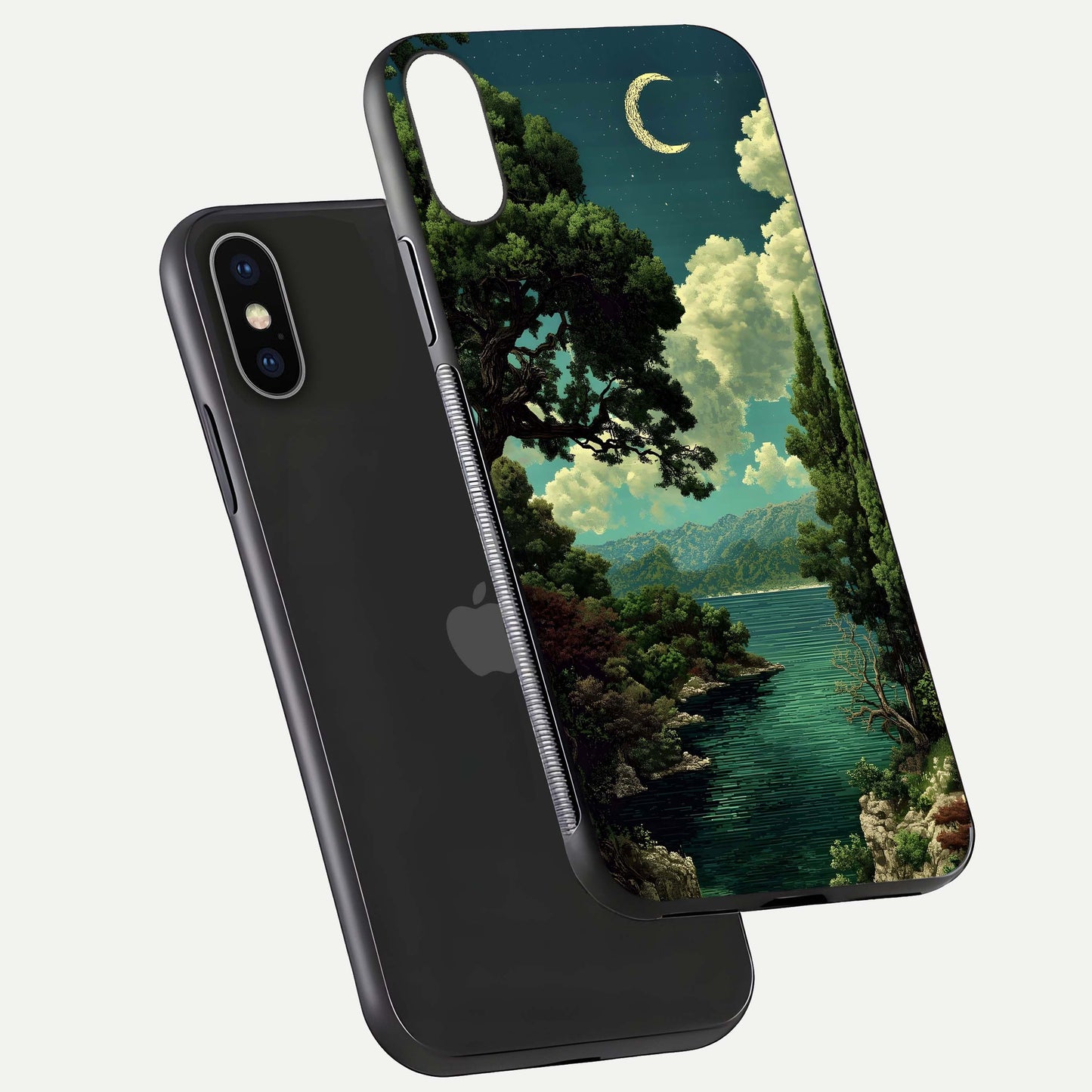 Celestial Lake Peace Glass Case for iPhone X floating mockup capturing calm tones and smooth polish