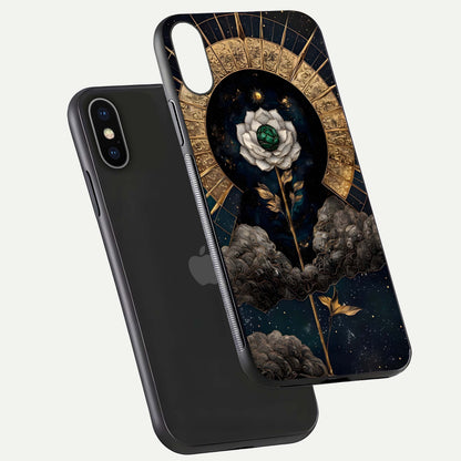 Celestial Lotus Morang Glass Case for iPhone X floating mockup showing gloss depth and cosmic lotus glow