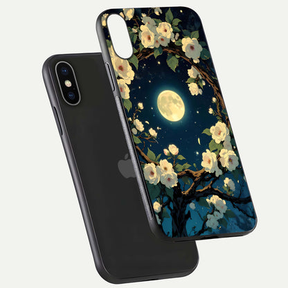 Celestial Moon & Flower Glass Case for iPhone X floating mockup emphasizing HD shine and delicate texture