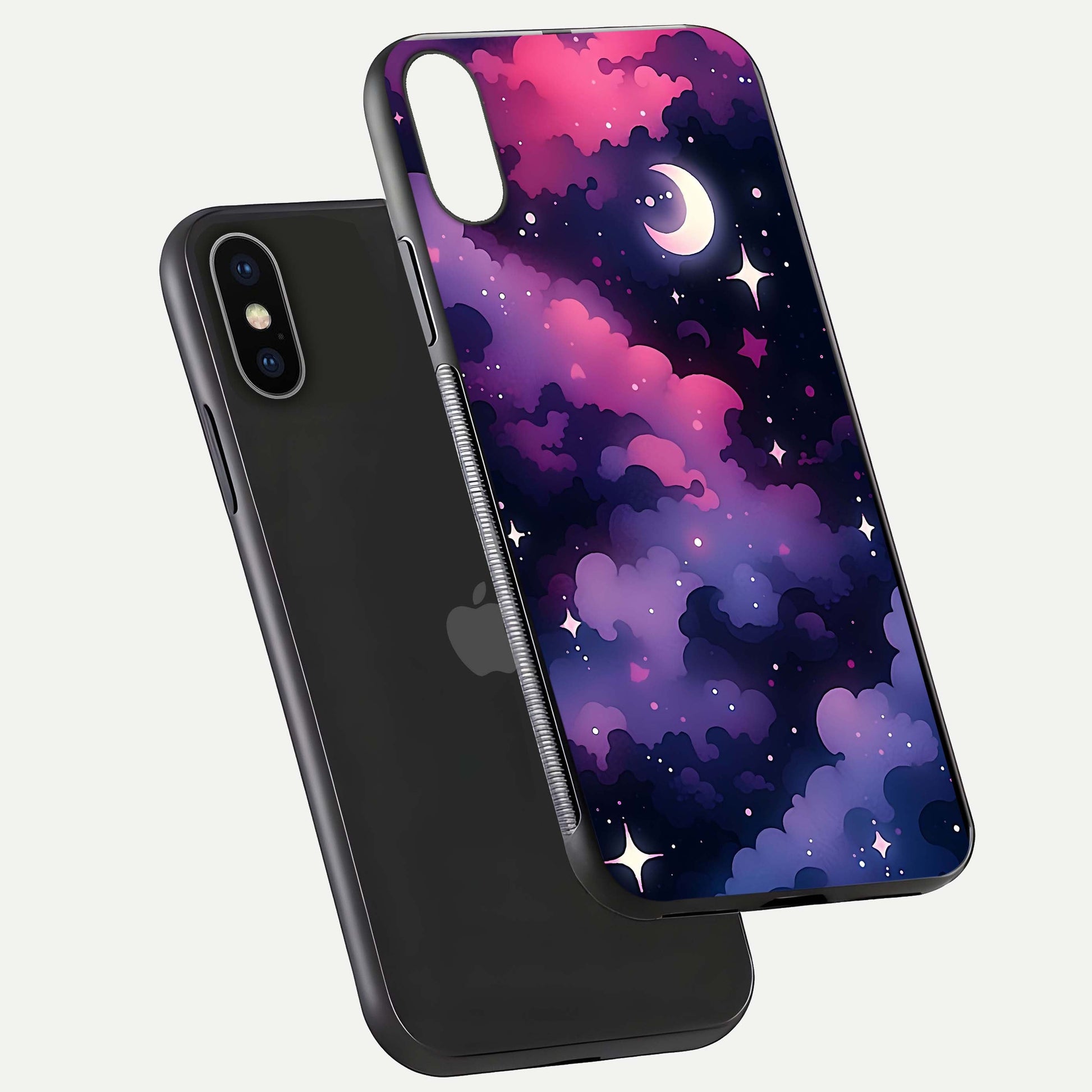 Celestial Moon Magic Glass Case for iPhone X floating mockup showing reflection gradient and smooth polish