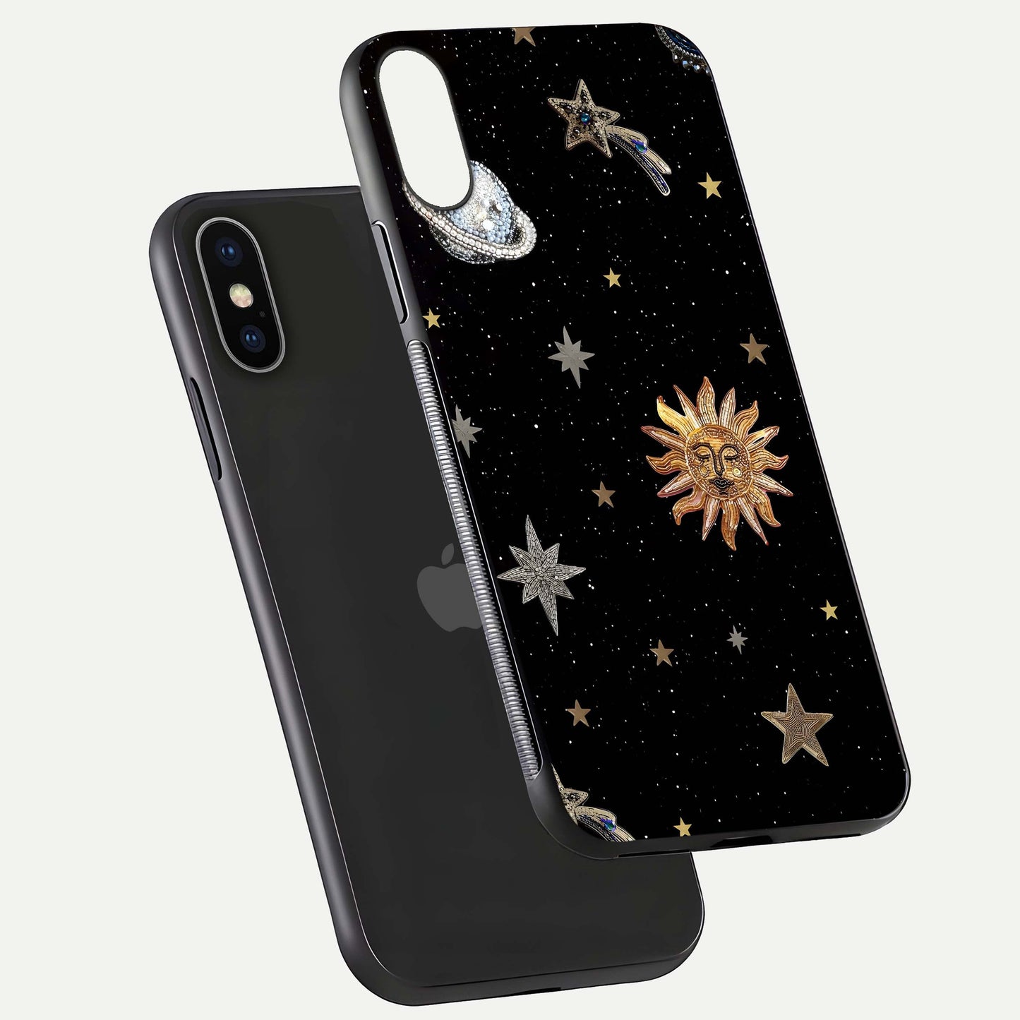 Celestial Moon With Stars Glass Case for iPhone X floating mockup emphasizing star depth and gloss clarity