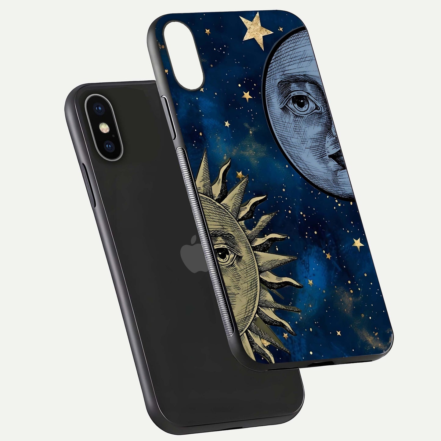 Celestial Moon With Sun Glass Case for iPhone X floating mockup displaying vibrant contrast and HD gloss