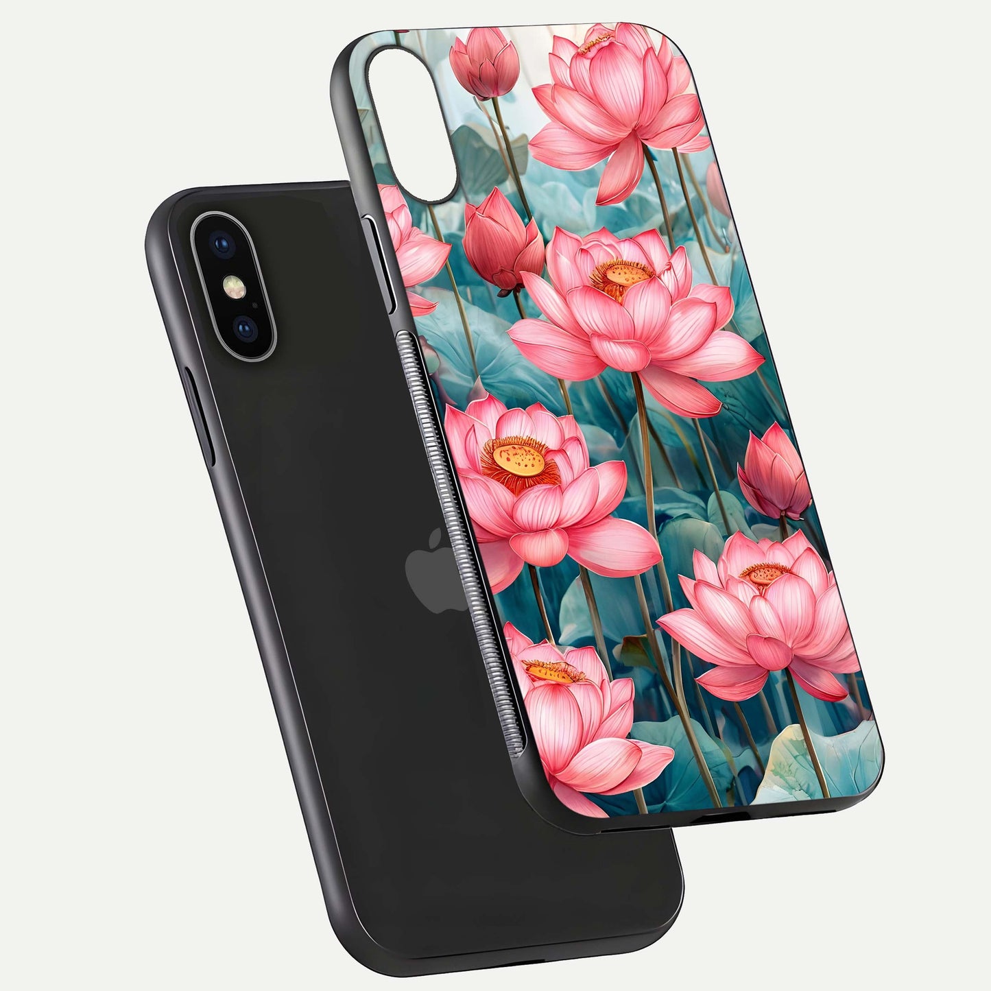 Celestial Pink Lotus Glass Case for iPhone X floating mockup displaying cosmic tone and gloss surface