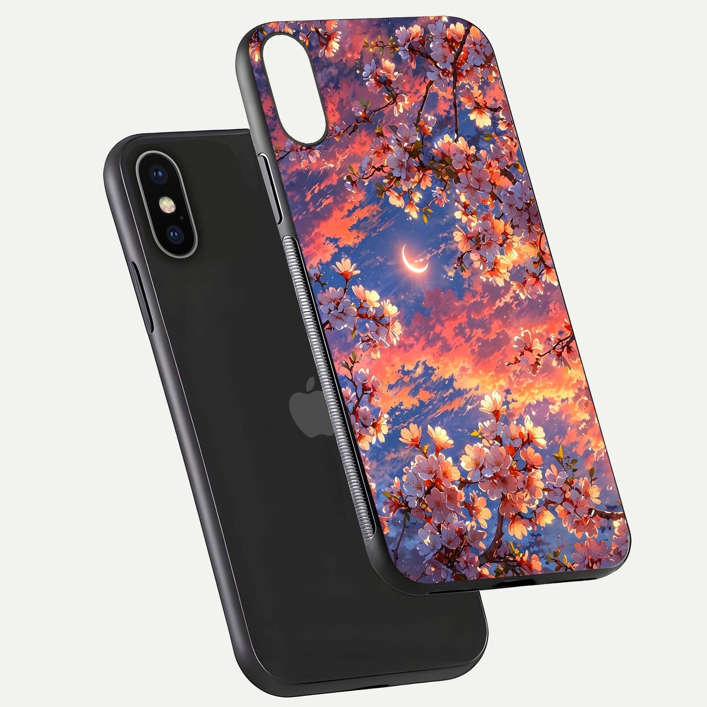 Celestial Sakura Sunset Glass Case for iPhone X floating mockup capturing sunset hue and smooth gloss