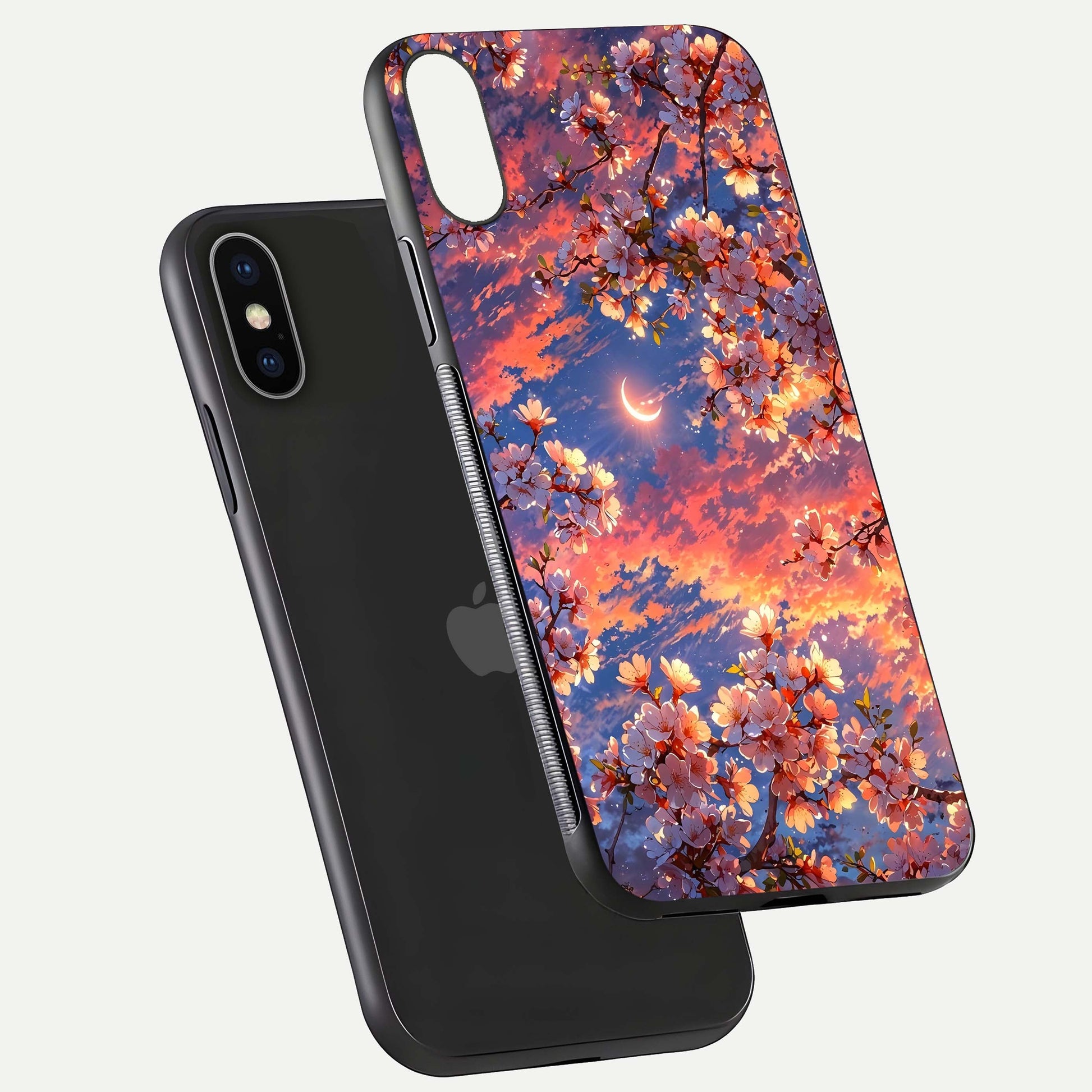 Celestial Sakura Sunset Glass Case for iPhone X floating mockup capturing sunset hue and smooth gloss