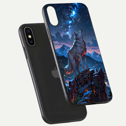 Celestial Wolf Howl Glass Case for iPhone X floating mockup capturing reflection depth and silver gloss