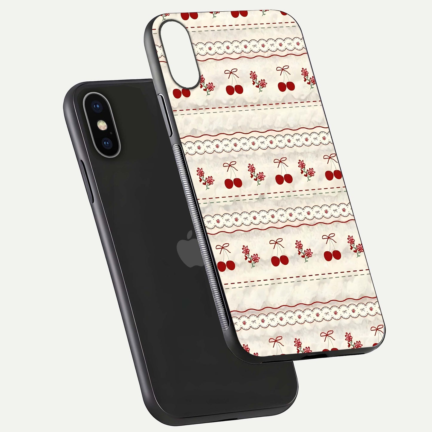 Cherry Bloom Charm Glass Case for iPhone X floating mockup showing bloom texture and polished gloss