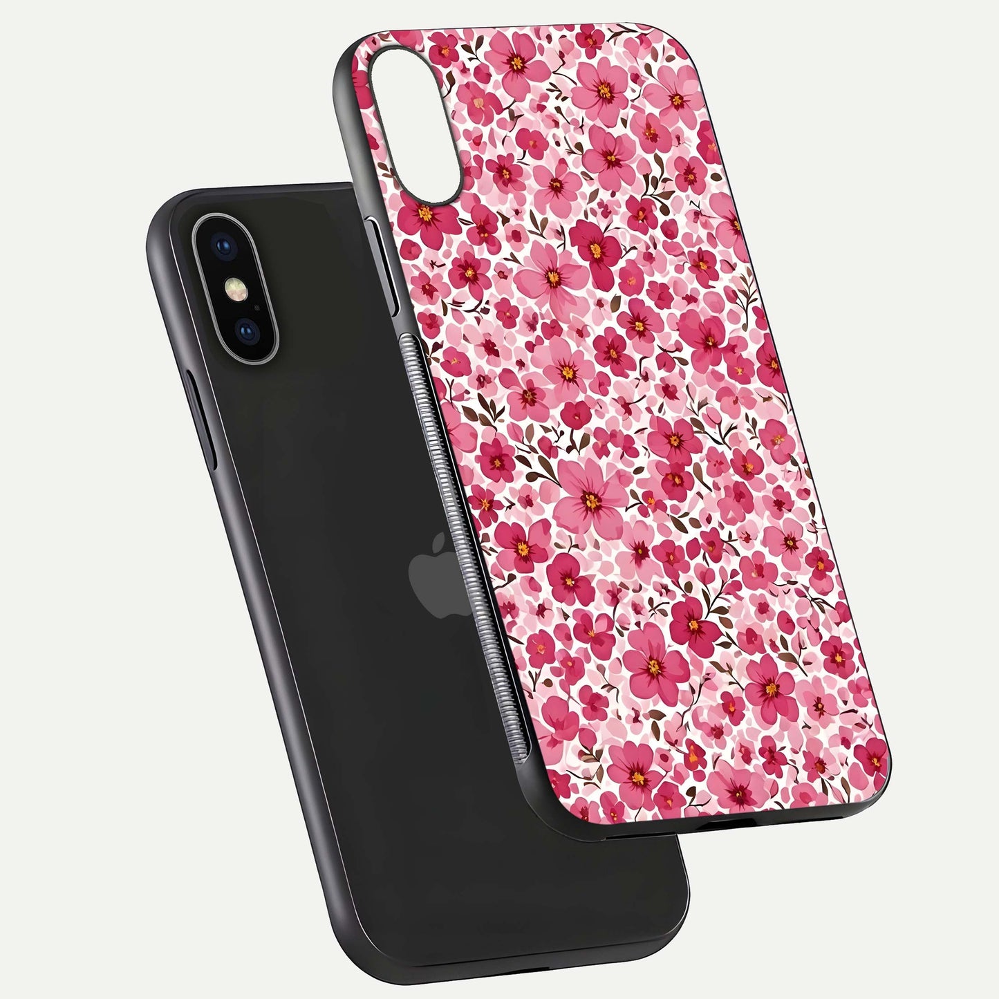 Cherry Blossom Charm Glass Case for iPhone X floating mockup displaying pink tone flow and polished edges