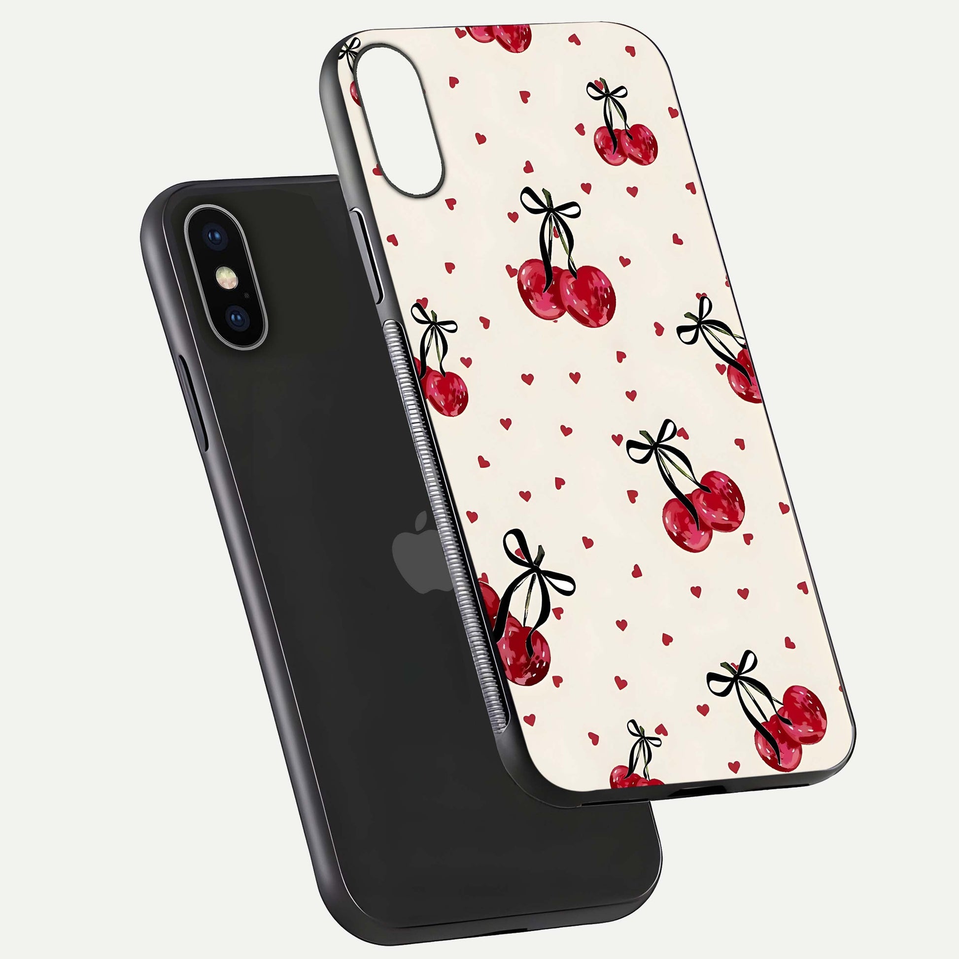 Cherry Heart Bow Glass Case for iPhone X floating mockup showing reflection and HD print detail