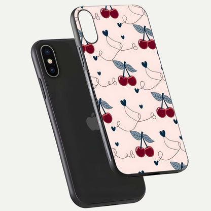 Cherry Heart Line Glass Case for iPhone X floating mockup showing gloss polish and bright tones