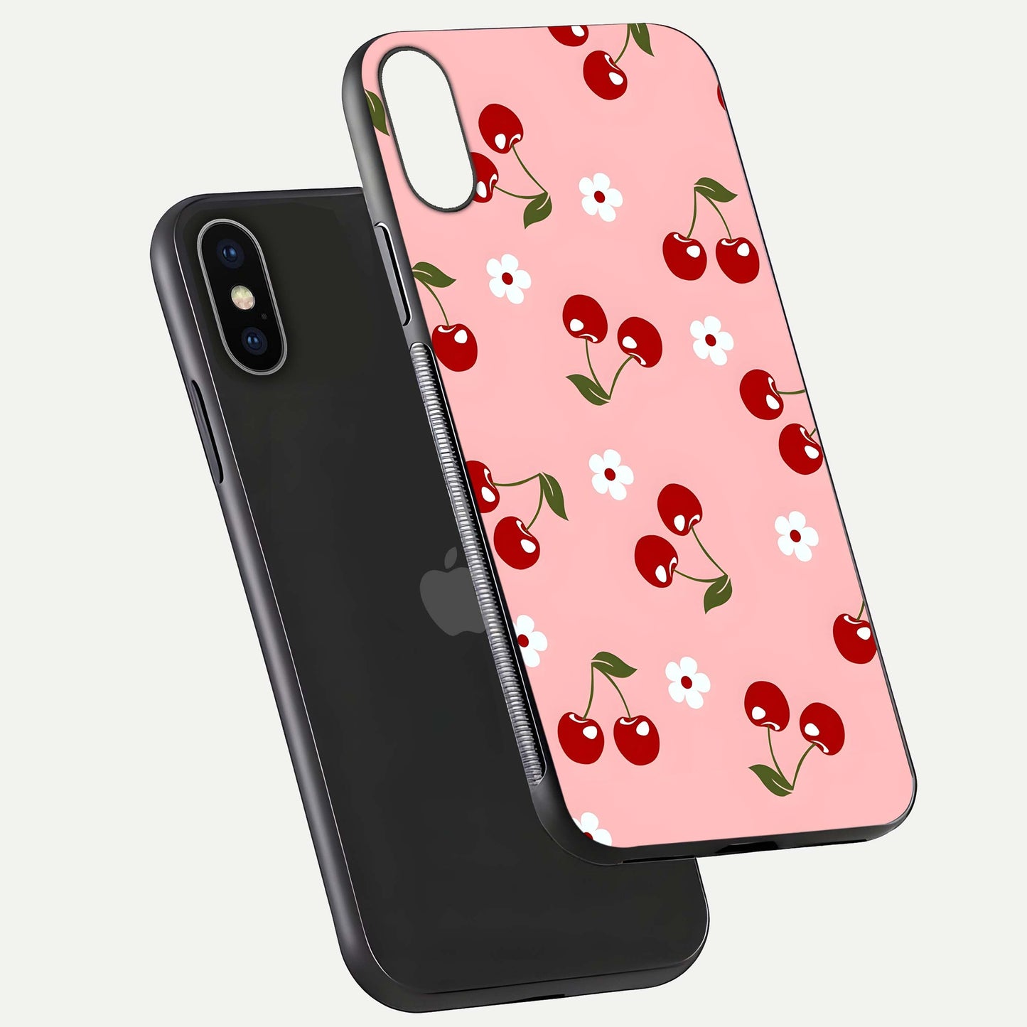 Cherry Love Mood Glass Case for iPhone X floating mockup showing HD gloss reflection and red tones