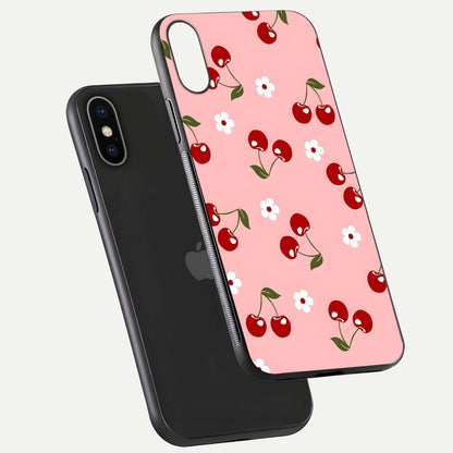 Cherry Love Mood Glass Case for iPhone X floating mockup showing HD gloss reflection and red tones